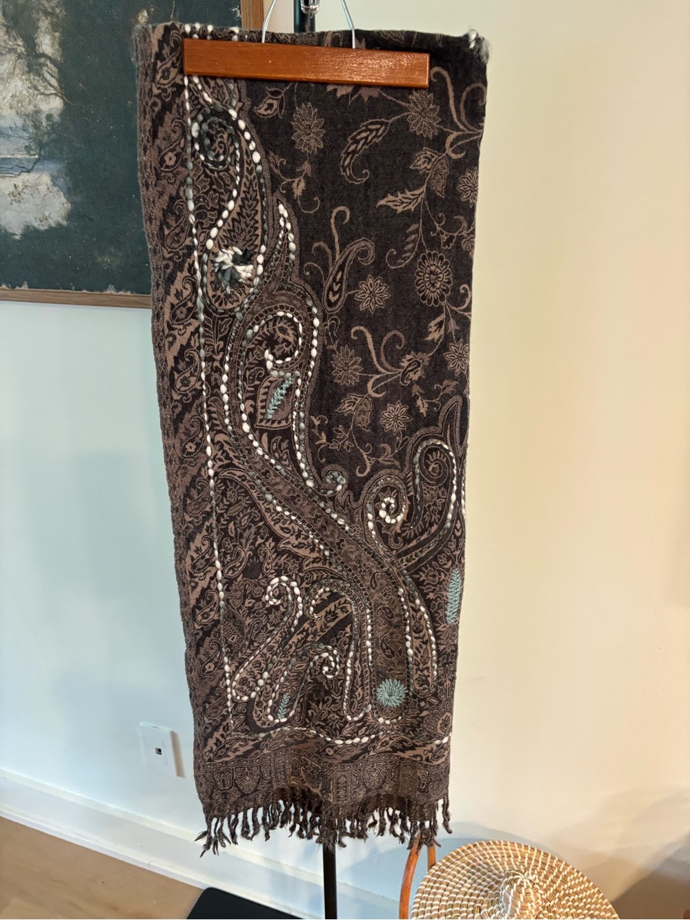Embroidered Paisley Boho Shawl Wrap Brown Aqua Fringe